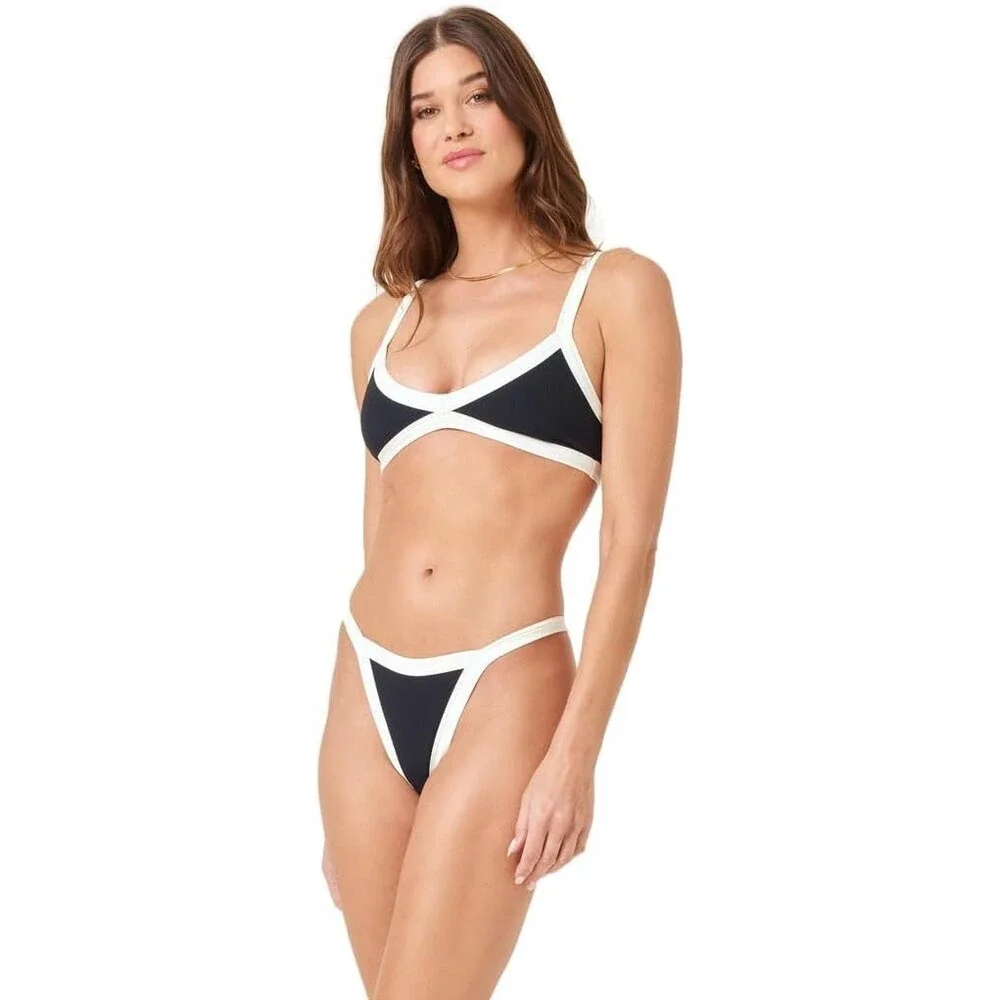 L*Space Mackenzie Bikini Bottom Womens Medium Black Nylon Stretch Swimwear TLW57